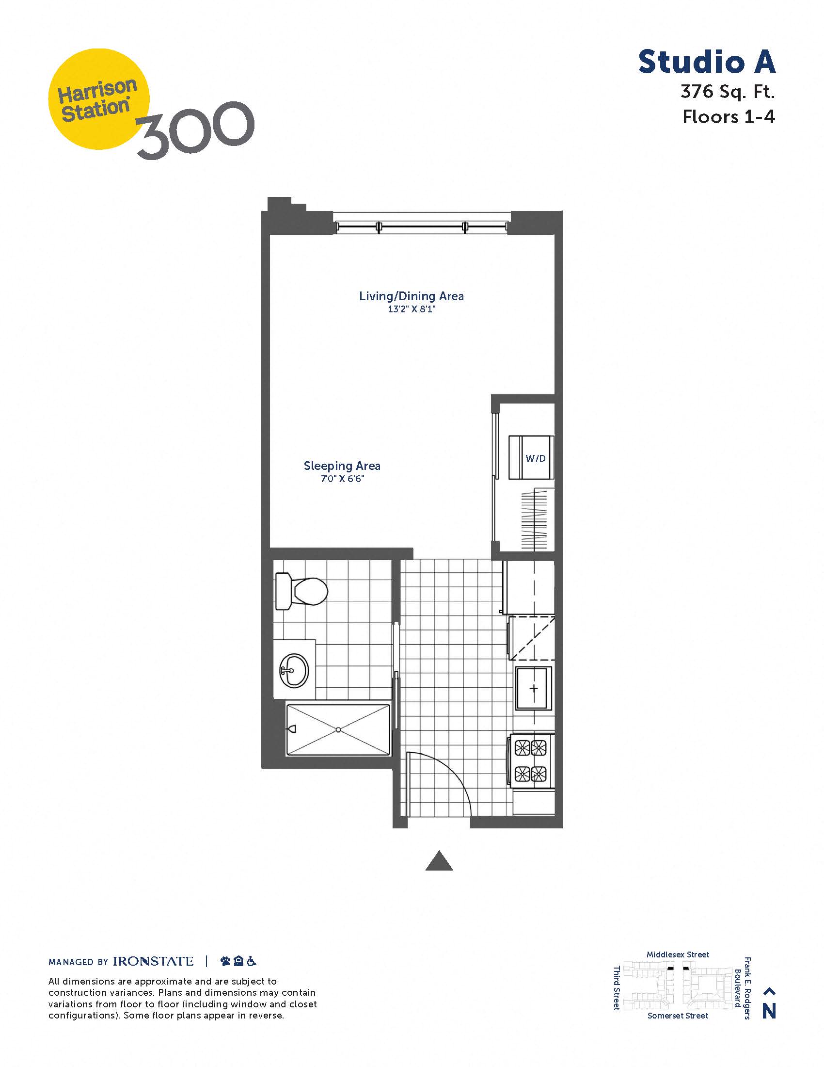 Floor plan for studio, 1 bath, 376 sqft